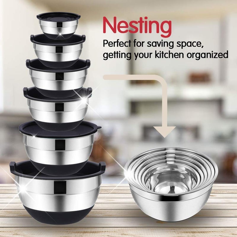 Rottay Mixing Bowls Set with Airtight Lids  20PCS Stainless Steel  Nesting Bowls with 3 Grater Attachments & Non-Slip Bottoms  Size7  4  3  2  1.5  1QT Bowls for Baking&Prepping - Image 3